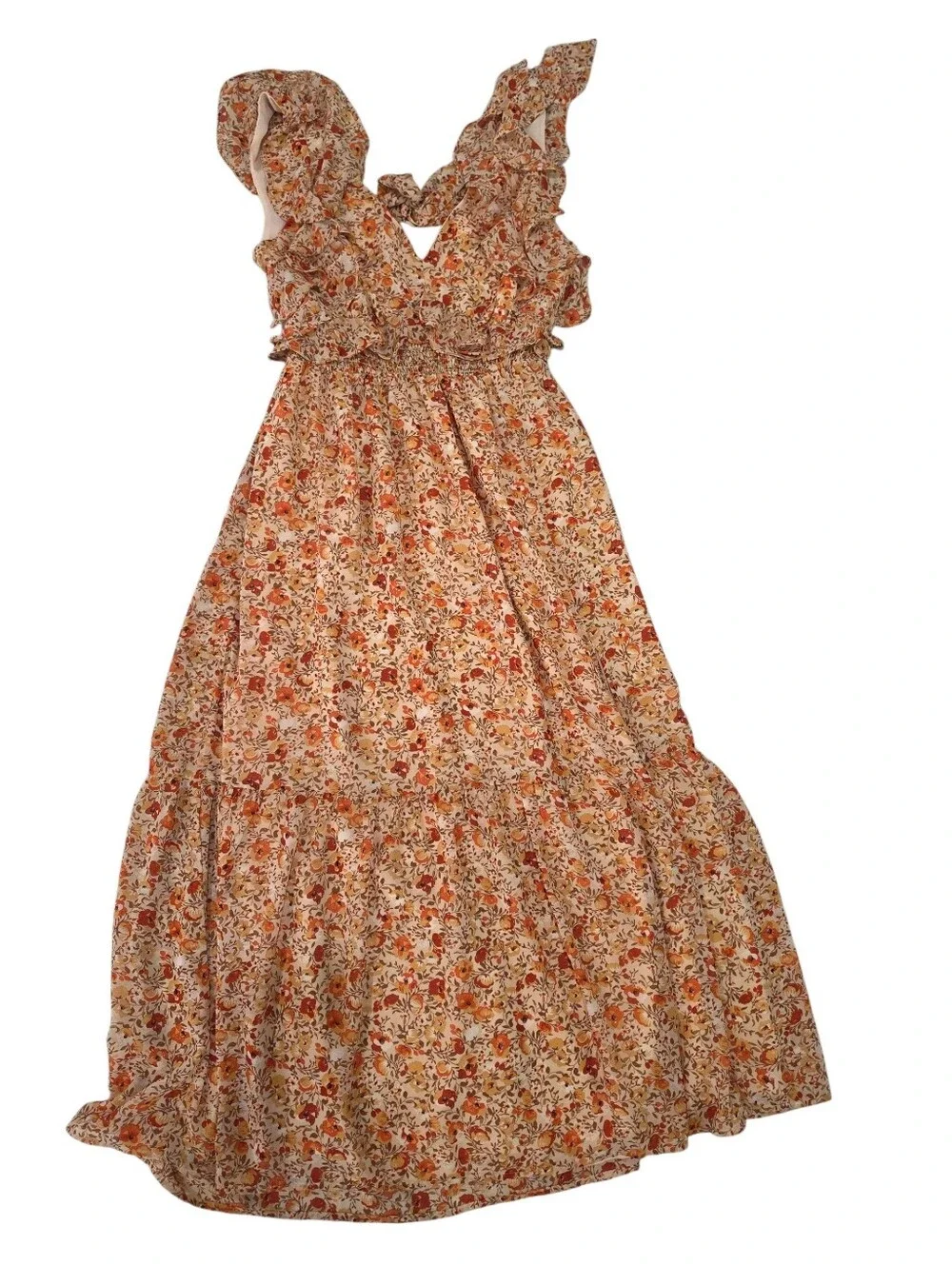 ASTR The Label Floral Midi Dress Orange Ruffle Open Back Tie Dress Size S